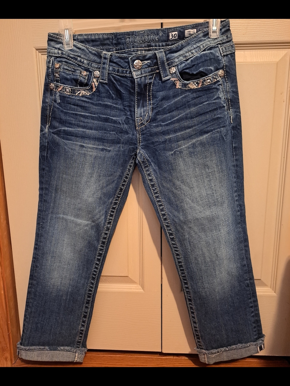 Miss Me Blue Cropped Ankle Jeans with Embellished Pockets